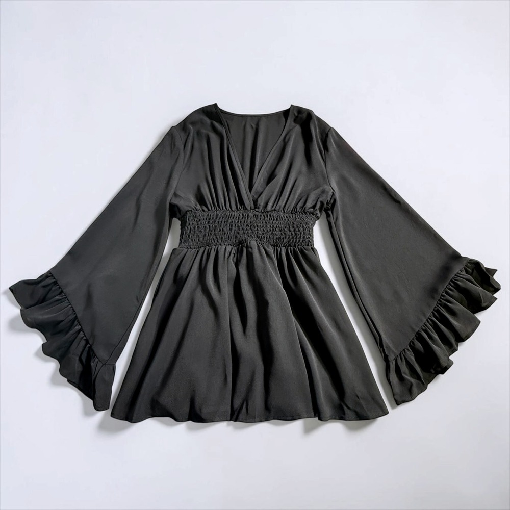 Black V-Neck Smocked Waist Bell Sleeve Ruffle Mini Dress Womens Medium - Picture 2 of 9